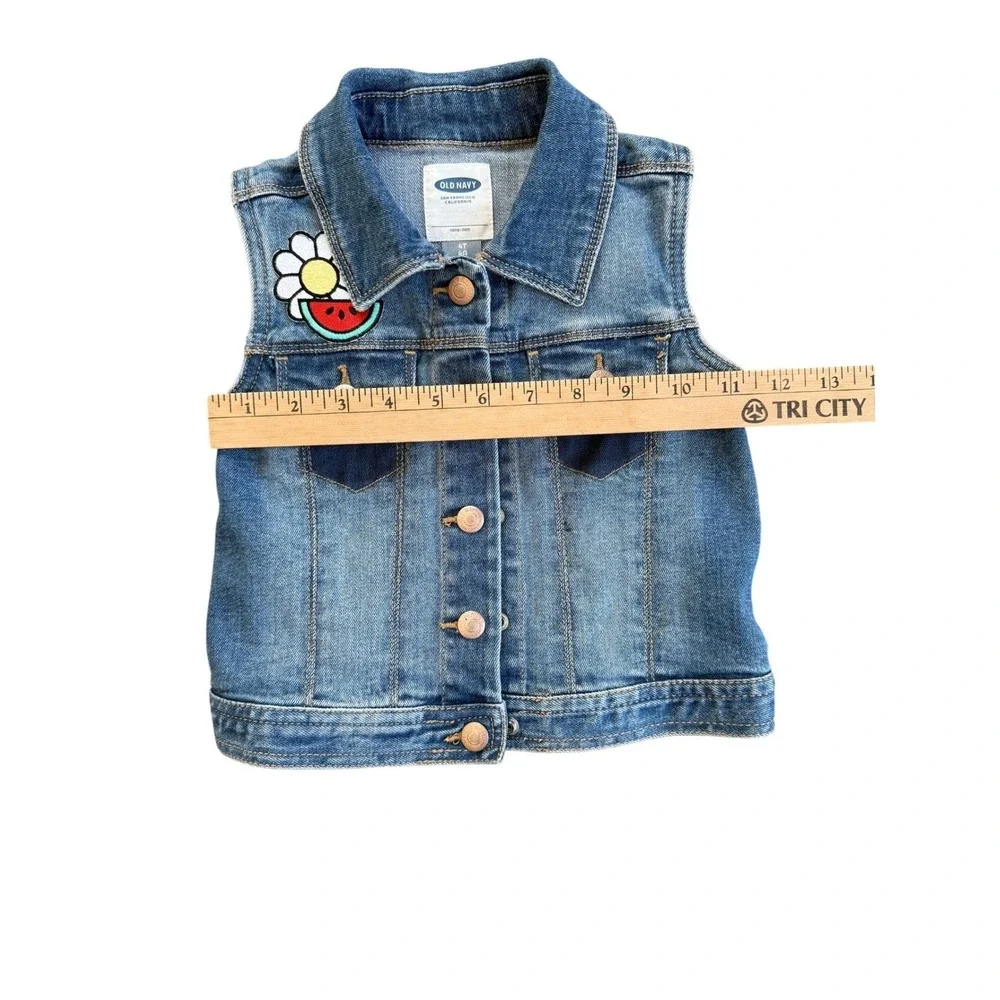 Old Navy Girls Denim Vest 4T‎ Daisy Watermelon Patch Jean Jacket Blue